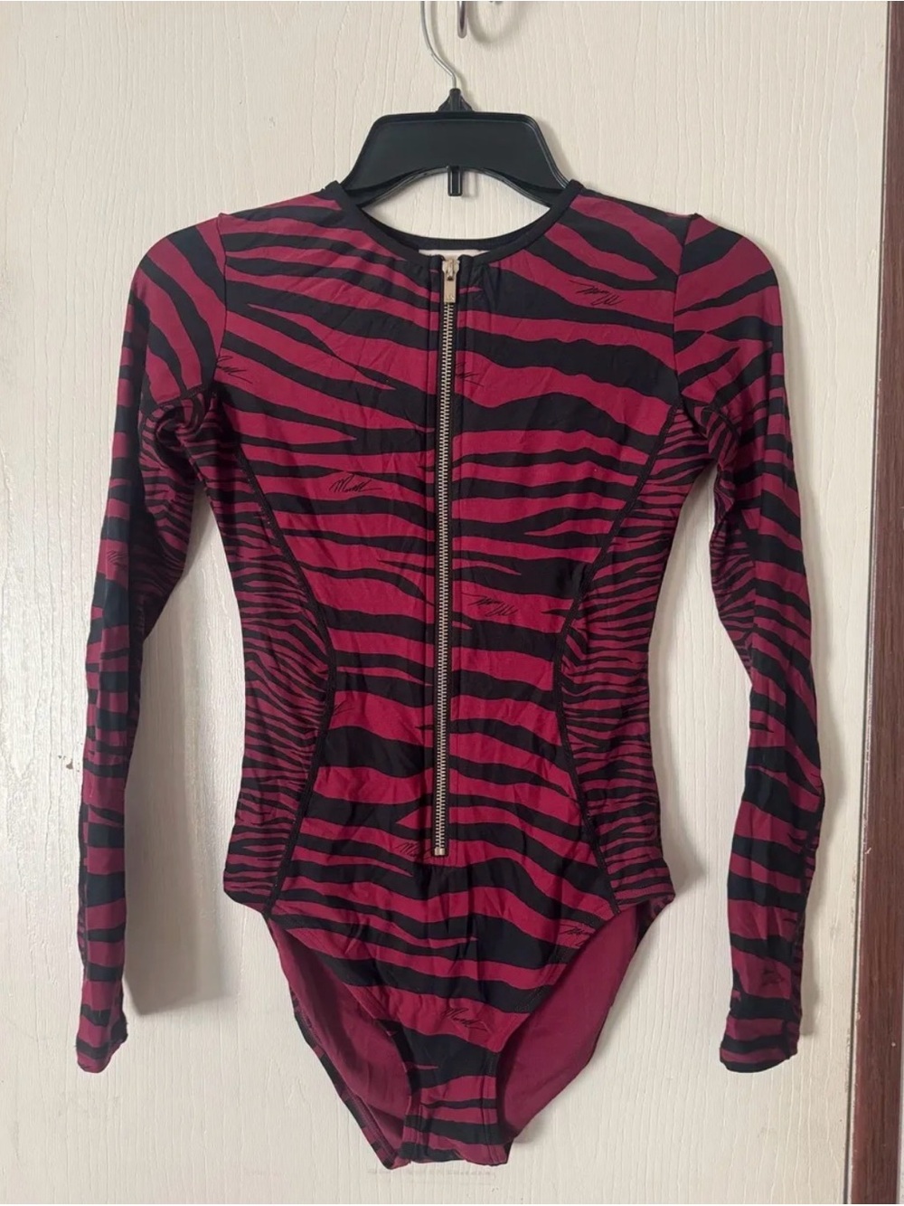 Michael Kors burgundy and Black Zebra-Print Long-Sleeve Zip swimsuit
